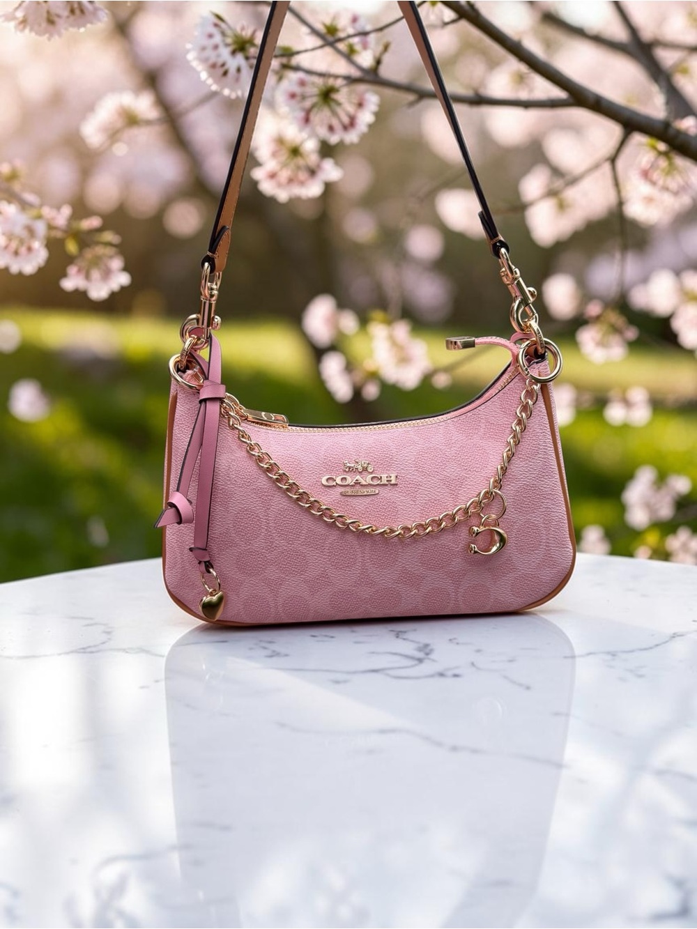 Coach Pink Signature Chain Shoulder Bag with Gold Hardware